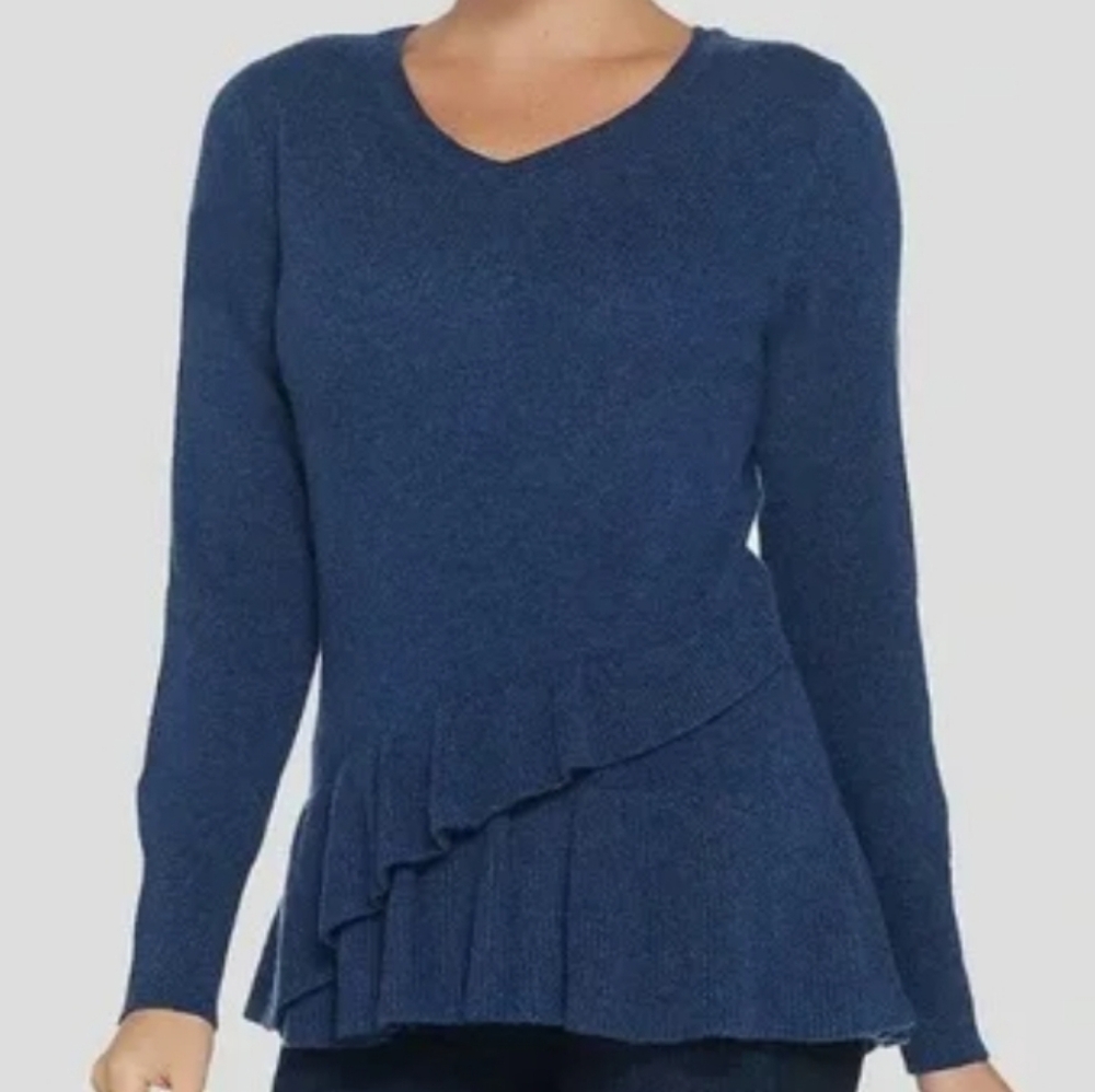 Isaac Mizrahi Blue 100% Cashmere 2 Ply Peplum‎ Ruffle Sweater Size Medium